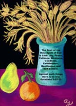 Vase of wheat, orange, and pear postcard  by artist Angie Young